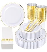 LIYH 350 Pcs White and Gold Plastic Plates - Elegant Disposable Gold Plastic Dinnerware set Inclu...