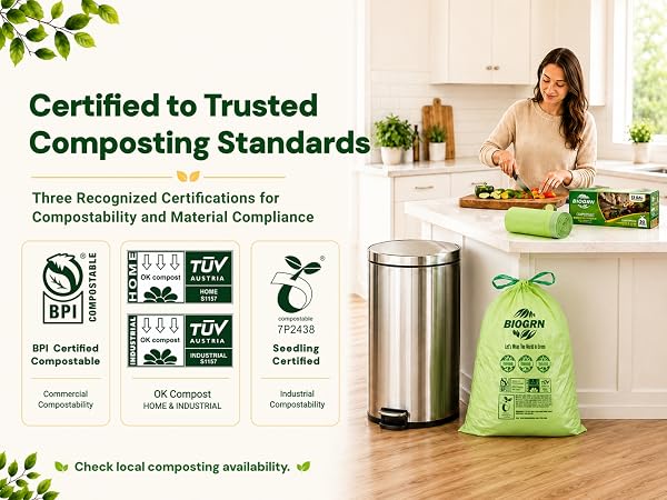 BIOGRN compostability certifications including BPI, OK compost HOME, and Seedling.