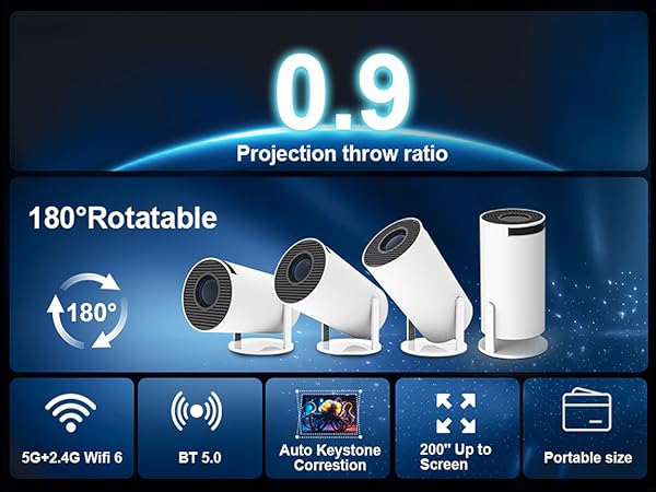 Smart security camera system with 180° rotatable cameras. Features include 0.9 projection throw ratio, Wi-Fi connectivity, and two-way audio. Portable design with multiple viewing angles shown.