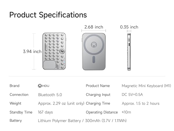 Detailed parameter sheet of magnetic mini keyboard including size, weight and battery info