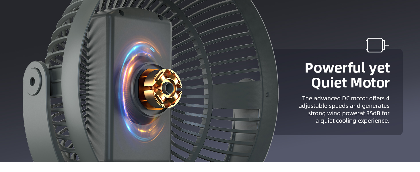 Close-up of a motor assembly with black cooling fins and illuminated blue LED ring around a central gold-colored fan component. Text indicates 'Powerful yet Quiet Motor'.