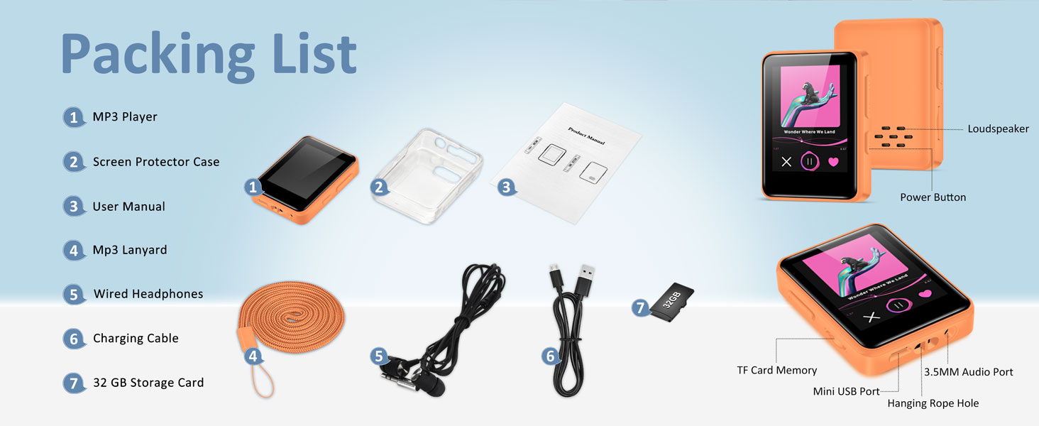 mp3 player accessories included, usb cable, headphones, protective case, user manual