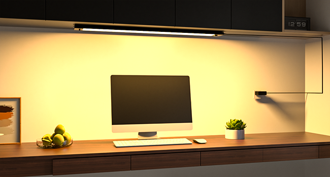 Modern LED under-cabinet lighting installation showing warm white illumination across kitchen counter space, multiple views of the same setup.