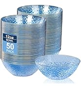 I00000 50 Pack 12 Ounce Blue Plastic Bowls Hammered Clear Bowl with Gold Rimmed, Heavy Duty Dispo...