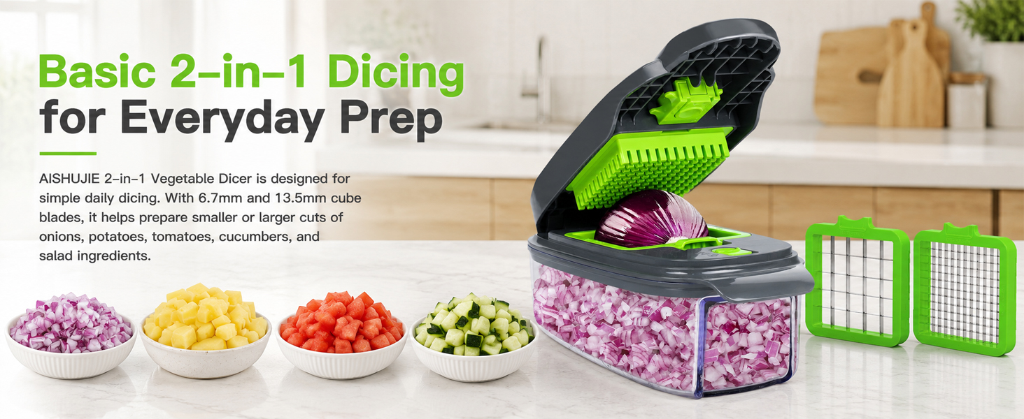 Gray green 2 in 1 vegetable dicer with two cube grids