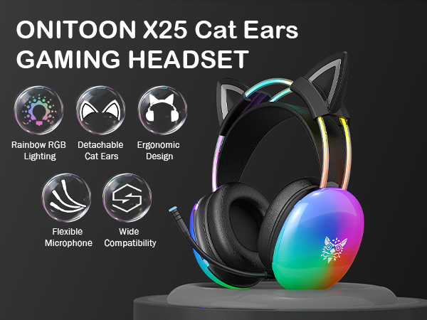 ONITOON X25 Black Cat Ears Gaming Headphone with RGB Lights