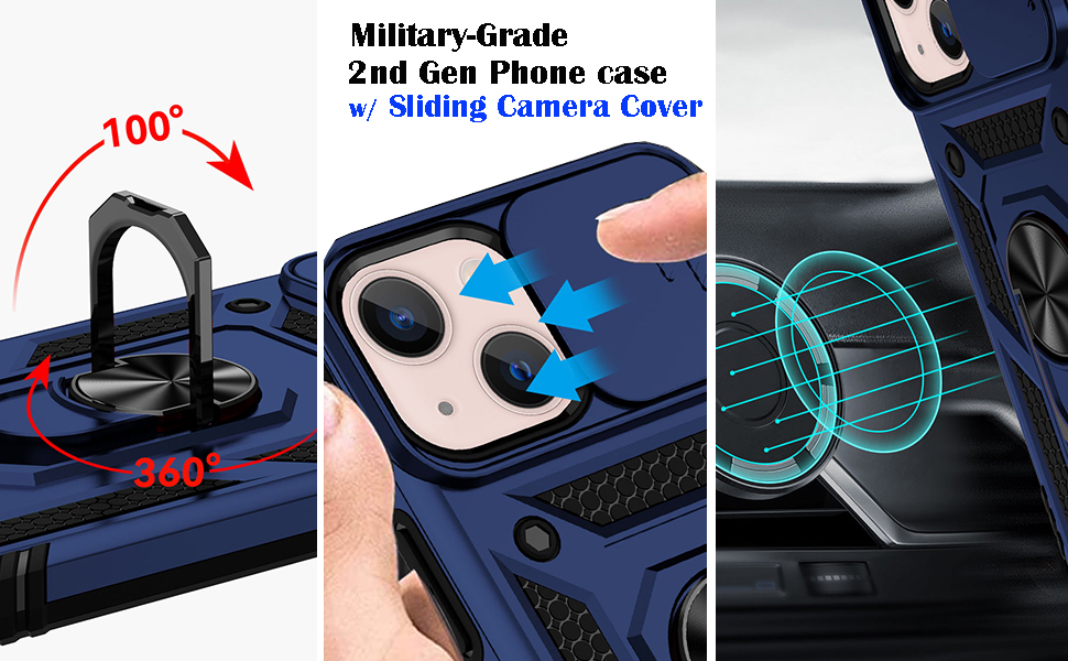 for iPhone 13 Military Grade 2nd gen with Slide Camera Lens Cover Magnetic Ring Holder Case