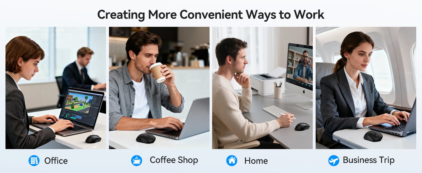 Four-panel workflow illustration showing business team collaboration process in office setting with computer screens and meeting scenarios.