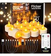 HL Flameless Candles with Remote Timer, 12pcs 50+Hours Rechargeable Battery Operated Tea Lights C...