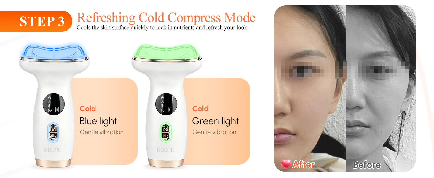 Microcurrent facial device cold compress blue green light depuff electric gua sha face massager