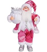 12" Christmas Santa Figurines Standing Santa Claus Figure Wearing Pink Coat Clothes & Silver Boot...