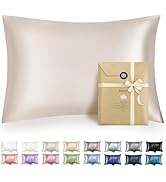 Bedsure Satin Pillowcase with Zipper, Similar to Silk Pillow Cases 2 Pack, Beige Standard Size Sa...