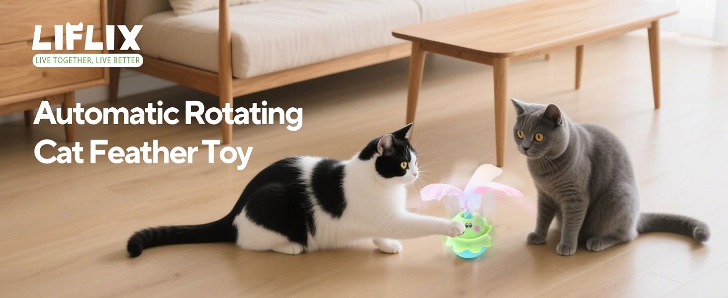 Text reads 'LIFLIX' and 'Automatic Rotating Cat Feather Toy'. Shows gray cat interacting with what appears to be a pet toy device.