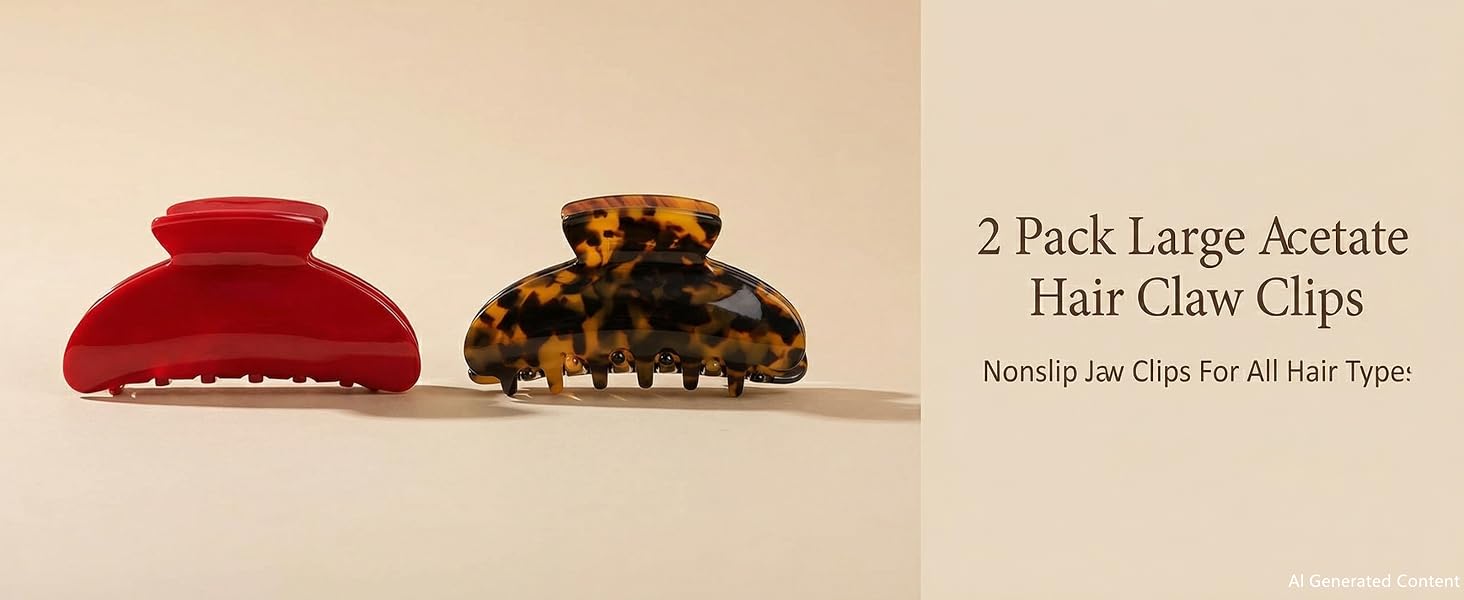 Text reads '2 Pack Large Acetate Hair Claw Clips' and 'Strong Hair Clips, not all Hair type'. Red and tortoiseshell brown claw clips displayed on beige background.