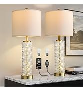 Oneach 27.75” Table Lamps Set of 2, Gold Modern Bedside Lamp with LED Night Light, USB A+C, Glass...