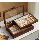 QINGTUHOME 2-Layer Glass Lid Walnut Jewelry Box for Women, Vintage Style Solid Wood Jewelry Organ...