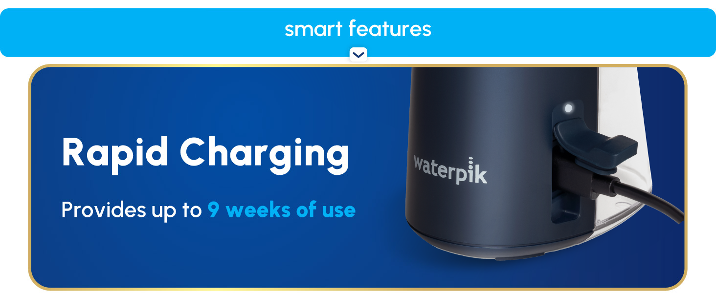 Image of charging cable in water flosser with text that says rapid charging