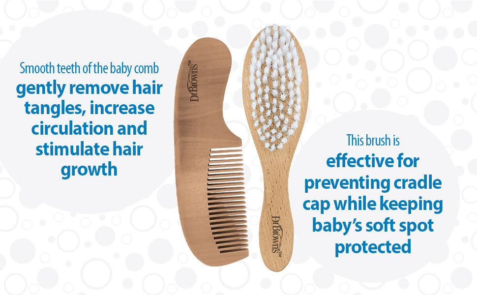 Gently removes hair tangles + promotes growth, brush prevents cradle cap + protects the soft spot