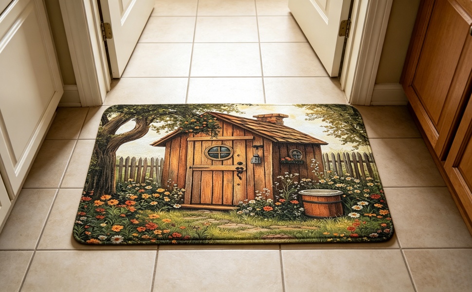 Outhouse Bath Mat Vintage Wooden House Tree Country Grass Yard Floral Garden Rustic Farmhouse