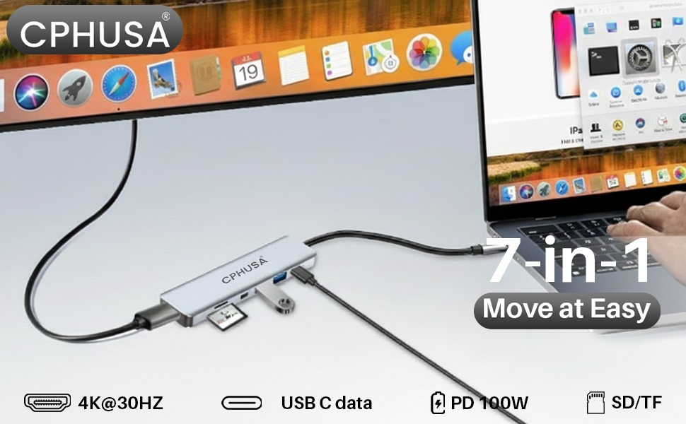 7 in 1 USB C hub, laptop displaying HDMI, USB ports, power delivery, and card reader functions