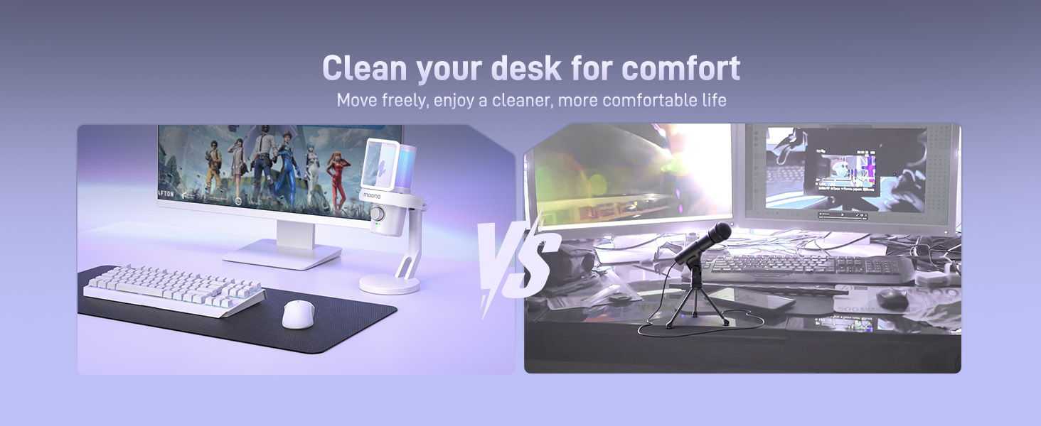 Split image comparing a clean, organized desk setup with a cluttered one. Left shows neat arrangement with keyboard and monitor. Right displays messy desk with scattered items.