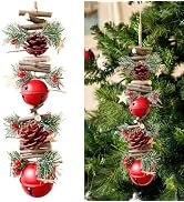 23.6 Inches Christmas Pinecone and Bell Hanging Garland Decoration, Rustic Wood Stick and Pine Le...