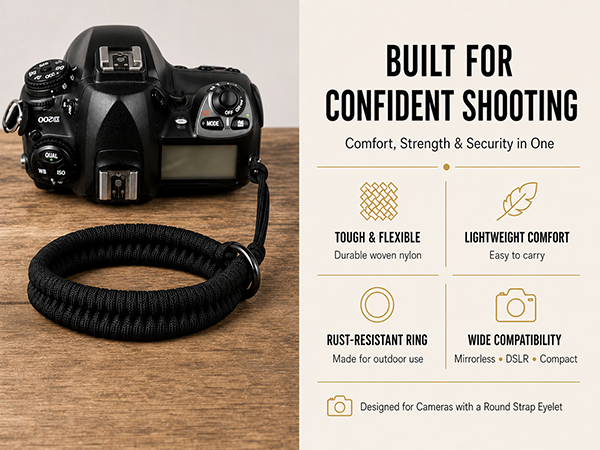 Black woven nylon wrist strap with secure metal ring for DSLR, mirrorless and compact cameras