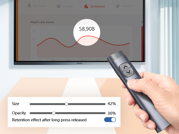 Hand holding remote control displaying 'L8.90B' on screen above laptop showing graph chart; below shows size, opacity, and reflection adjustment specifications.