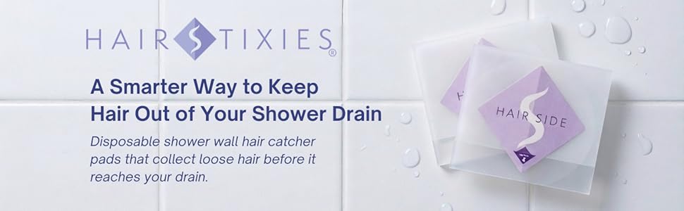 HairStixies disposable shower hair catcher adhesive pads that collect hair and prevent clogged drain