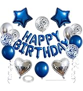 WEIKA 27 Pcs Blue Silver Birthday Decorations, 3D Letters Blue Happy Birthday Balloon Banner, Pen...