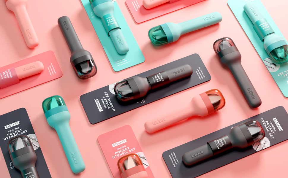 ZOKU Pocket Utensil Set Teal, Peach, Charcoal fork knife spoon in case