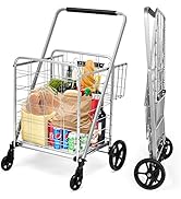 Goplus Folding Shopping Cart, Jumbo Double Basket Utility Grocery Cart 330lbs Capacity with 360° ...
