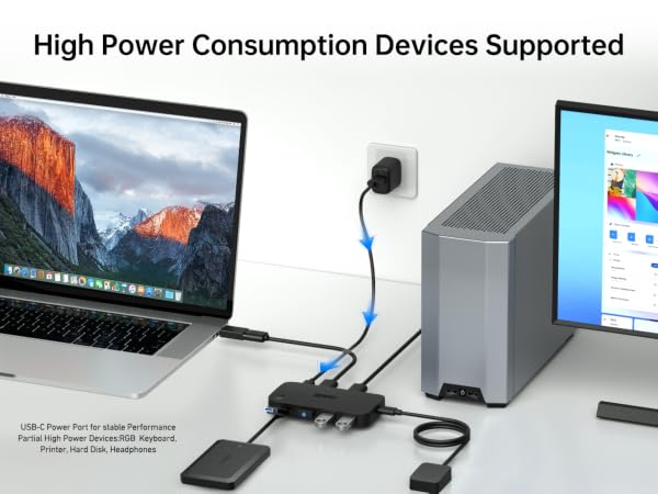 USB hub setup supporting high-power devices. Shows laptop, external drive, and monitor connected to a multi-port USB hub with blue cables.