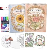 LOTWOW Adult Coloring Book Set of 2, 60 Nature & Healing Words Patterns | 24 Colors Non-Toxic Dua...