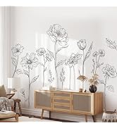 Large Black Boho Flower Wall Decals Simple Sketch Floral Wall Stickers Wildflower Peel and Stick ...