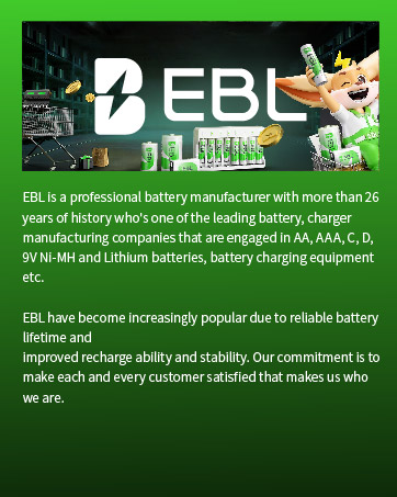 Text reads: 'EBL' logo followed by description of battery manufacturing company with 25+ years experience. Green background with battery-related imagery.