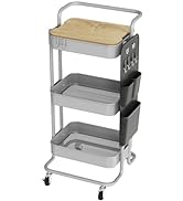 DTK 3 Tier Metal Utility Rolling Cart with Table Top and Side Bags, Tray Storage Organizer Wheels...