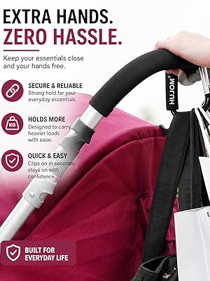 2 pack HUJOM stroller hooks with soft foam grip and strong metal clip