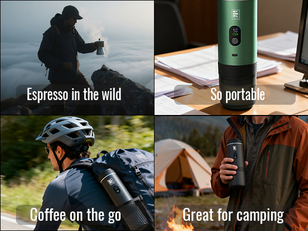 Text reads 'Espresso in the wild', 'So portable', 'Great for camping'. Outdoor scenes showing portable espresso maker being used in nature settings.