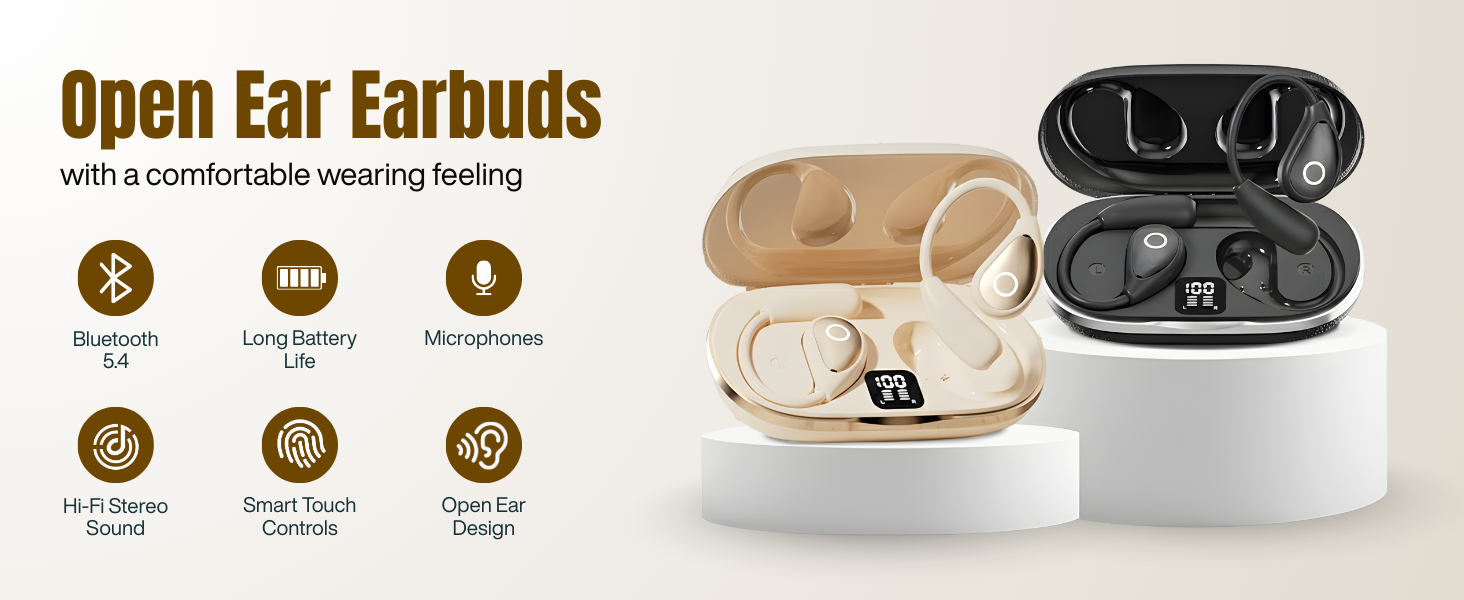 Open ear wireless earbuds in beige and black with charging case and specs.