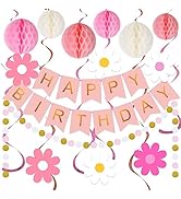 meowtastic Pink Birthday Decorations - Pink Happy Birthday Banner with Honeycomb Ball, Daisy Flow...