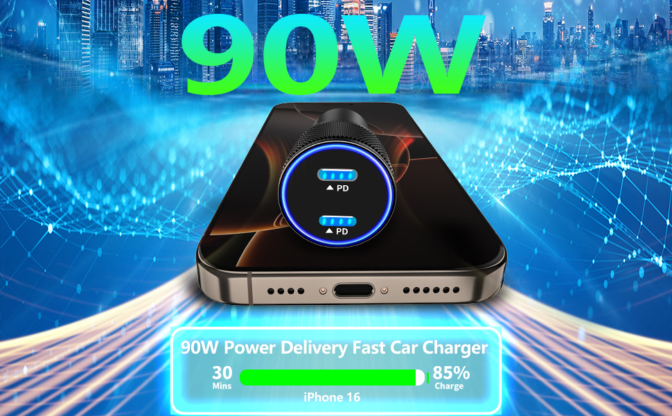 MFi Certified 90W Dual USB-C PD Car Power Cigarette Lighter USB-C Car Carplay Fast Charger Adapter