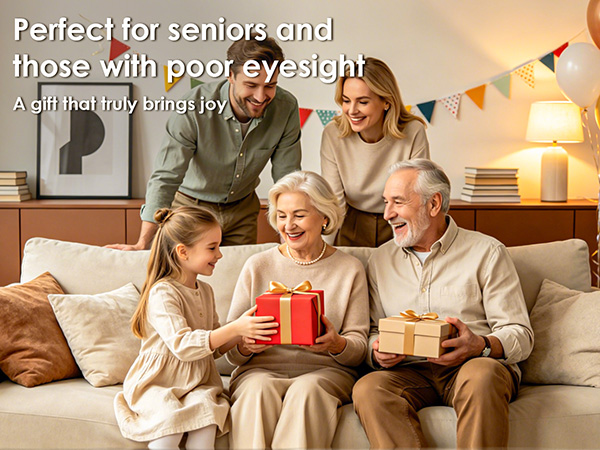 Text reads 'Perfect for seniors and those with poor eyesight'. Multi-generational family group seated indoors exchanging wrapped gift box, demonstrating product suitability for accessibility needs.