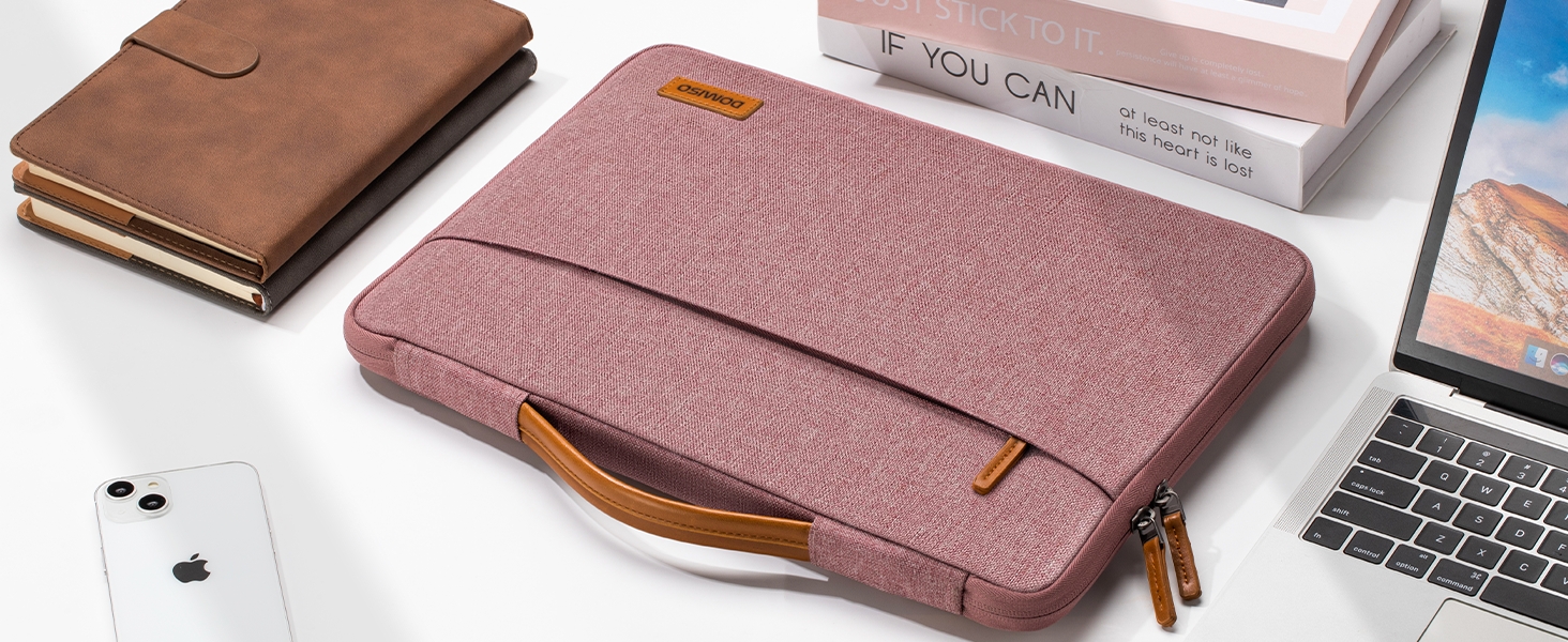 Laptop sleeves and cases in brown leather and dusty pink textured materials displayed on white surface. Multiple styles and sizes shown.