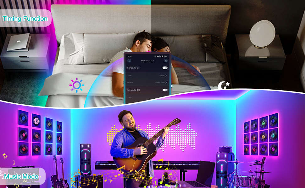 a man sleeping on a bed with a guitar and a man sleeping on a bed with a laptop.