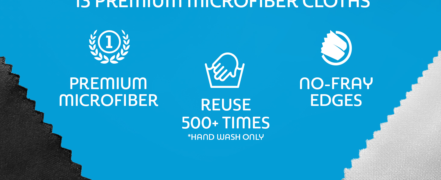 Premium Microfiber Cloths. Reuse 500 times. Non-Fray Edges
