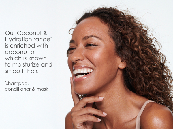 Woman smiling with curly, healthy-looking hair next to text.
