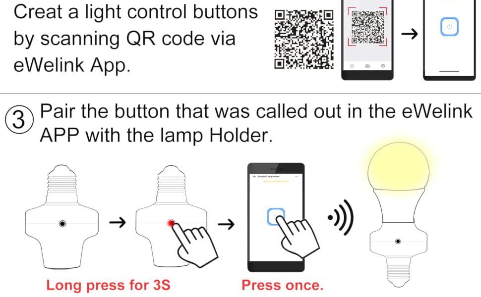 Instructions for using eWelink app to control lights: download app, scan QR code to create control buttons, pair button with lamp holder by long pressing for 3 seconds, then press once.