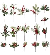 CCINEE Artificial Christmas Red Berry Picks 16 Pack Assorted Pine Berries Branches Fake Holly Ste...