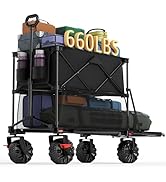 Portal 400L Large Capacity Collapsible Double Decker Wagon with Brakes, 450LB Heavy Duty Folding ...
